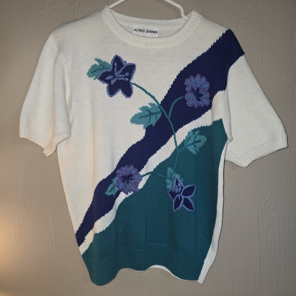 VTG Alfred Dunner Women's White Floral Print Hand Knit Sleeveless Sweater Sz M